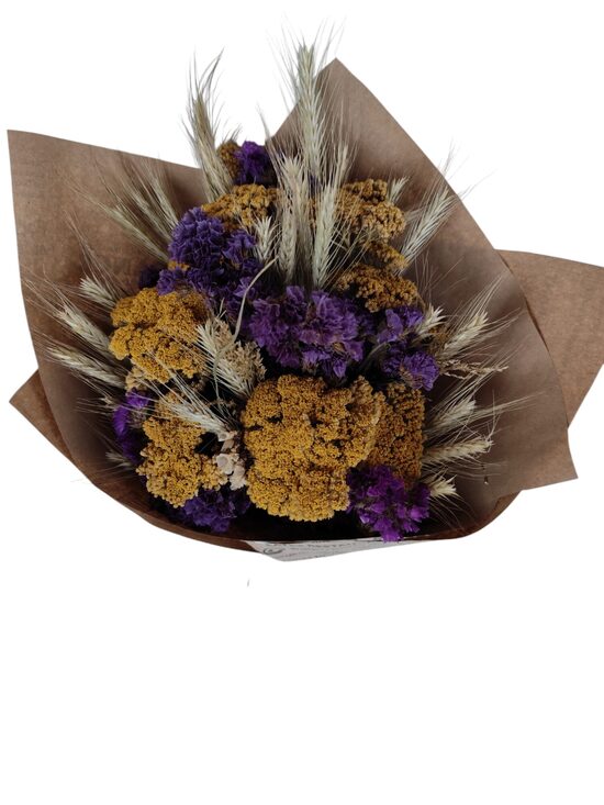 Sauso ziedu pušķis papīrā zili dzeltens