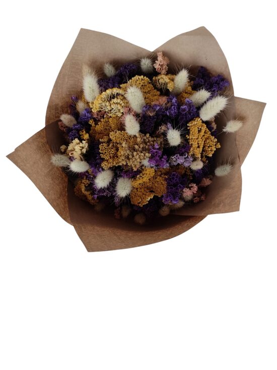 Sauso ziedu pušķis papīrā dzelteni zils